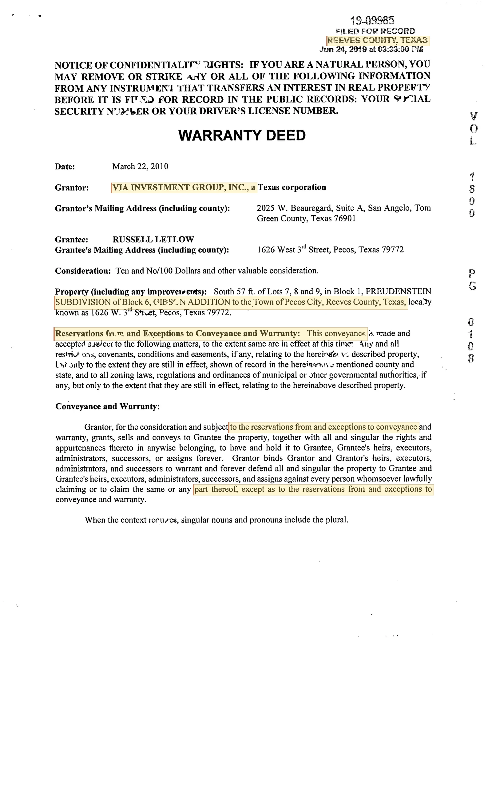 Via Investment Group Inc. - Recorded Warranty Deed (Doc #21632453)