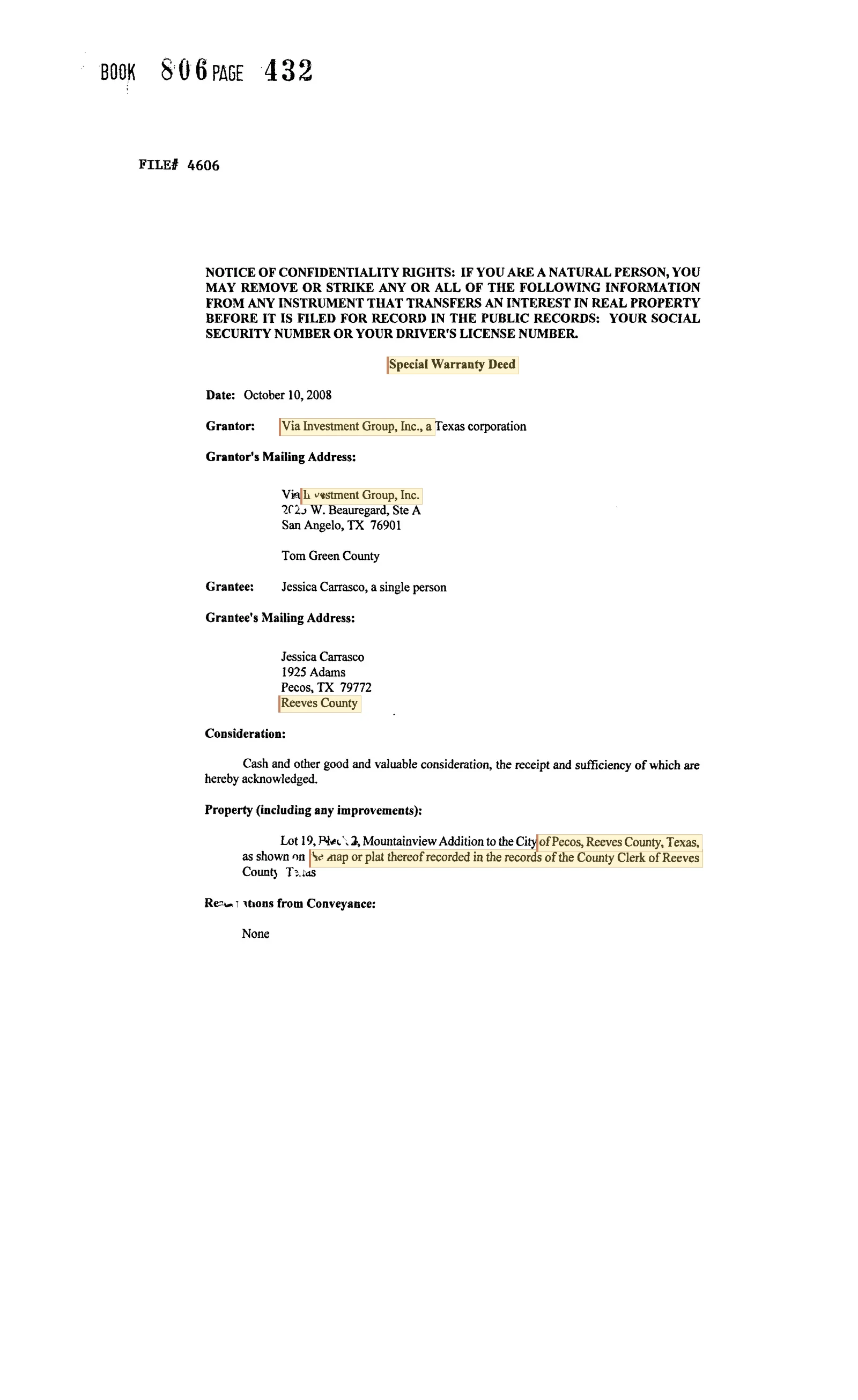 Via Investment Group Inc. - Recorded Special Warranty Deed (Doc #20804223)